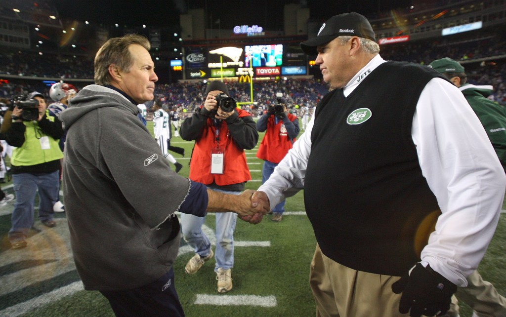 Bill Belichick of the New England Patriots shakes hands with Rex Ryan of the New York on November 22, 2009 in Foxboro, Massachusetts.