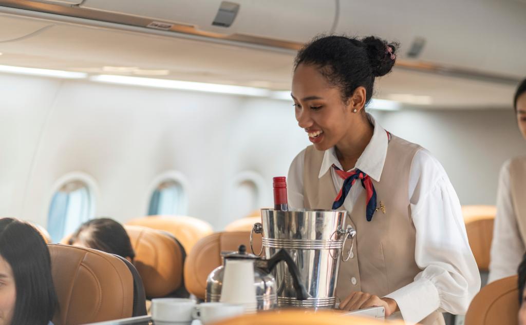 A flight attendant with the wine and champagne cart. 