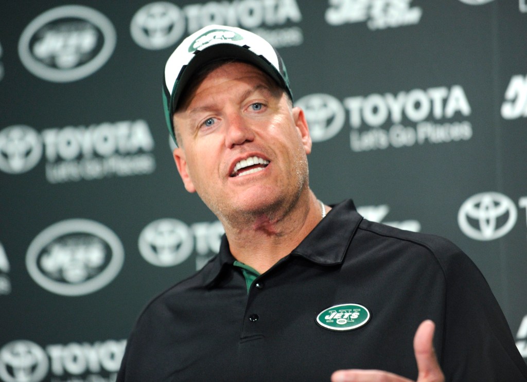 New York Jets coach Rex Ryan talks to the media after practice at minicamp.