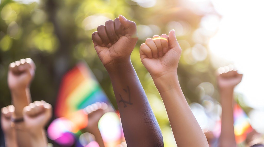 Children's fists raised in the air at a park, symbolizing freedom