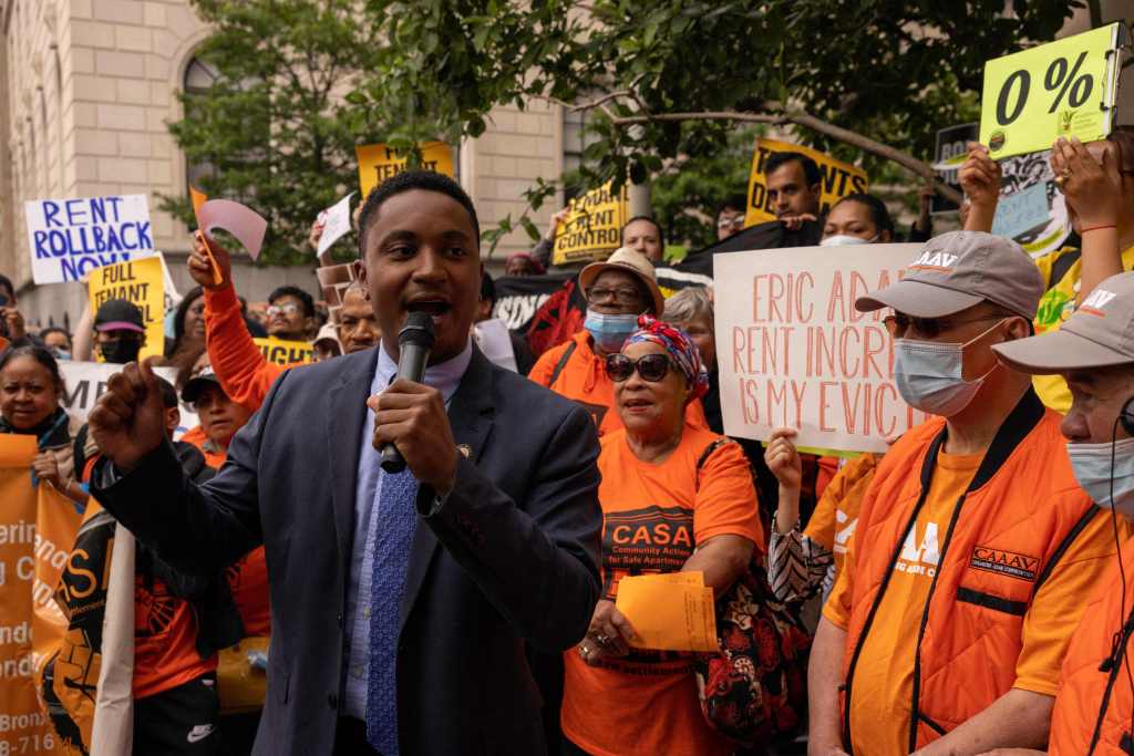 City Council member Chi Ossé addresses tenants and housing activists during a protest at Hunter College