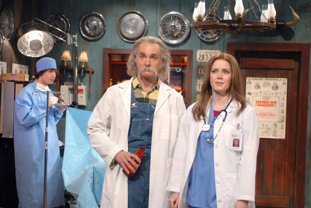 Andy Samberg as doctor, Will Forte as Doctor Uncle Jimmy, Amy Adams as Ellen Pompeo during the "Dr. Uncle Jimmy's Smokehouse and Outpatient Surgical Facility" skit on March 8, 2008