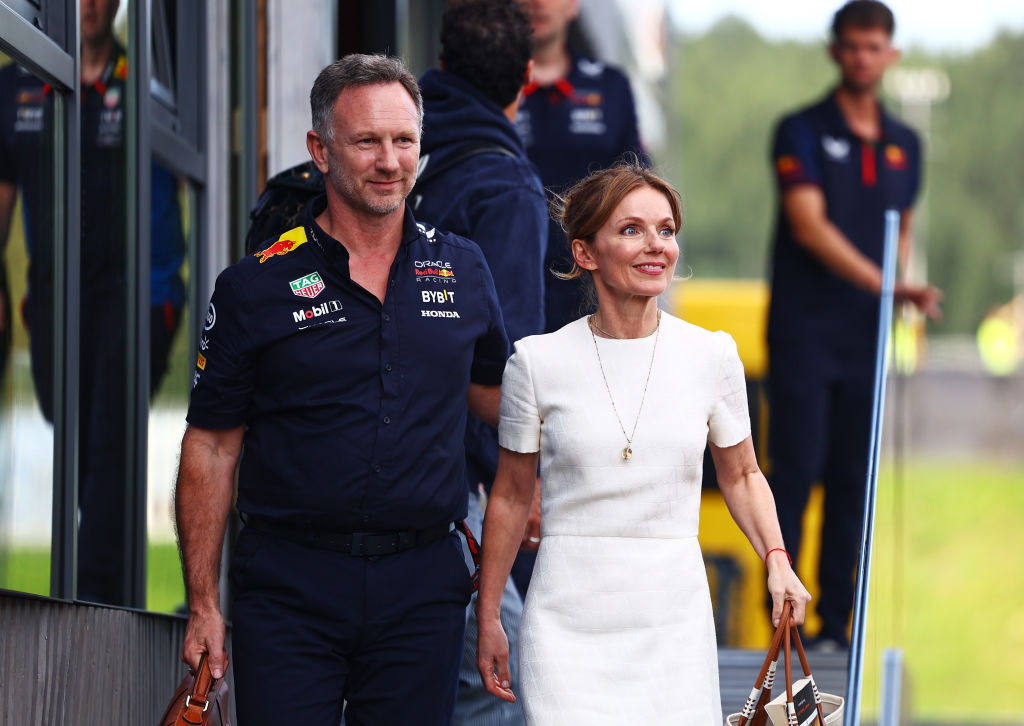 Oracle Red Bull Racing Team Principal Christian Horner and Geri Horner walk in the Paddock after the F1 Grand Prix of Austria at Red Bull Ring on June 30, 2024 in Spielberg, Austria.