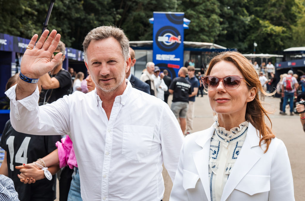 Oracle Red Bull Racing Team Principal Christian Horner and wife Geri Halliwell, English singer look on during day 4 of the Goodwood Festival of Speed at Goodwood on July 14, 2024 in Chichester, England. 