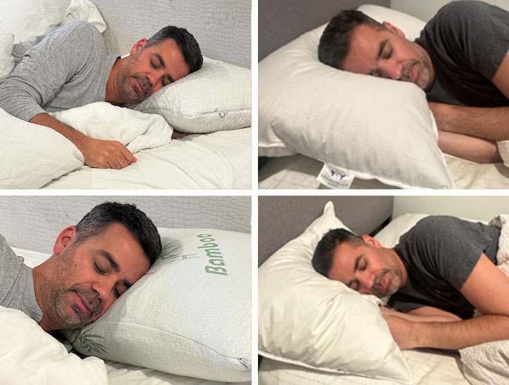 man sleeping in four different pictures on four different pillows