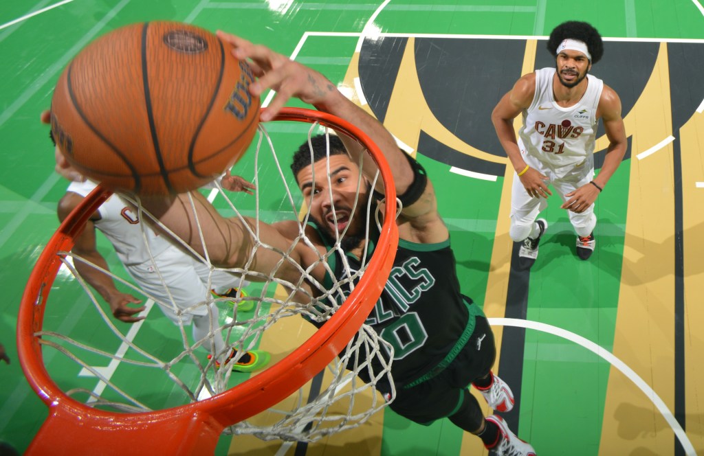 Jayson Tatum slams home a dunk during the Celtics' 120-117 win over the previously unbeaten Cavaliers on Nov. 19, 2024.