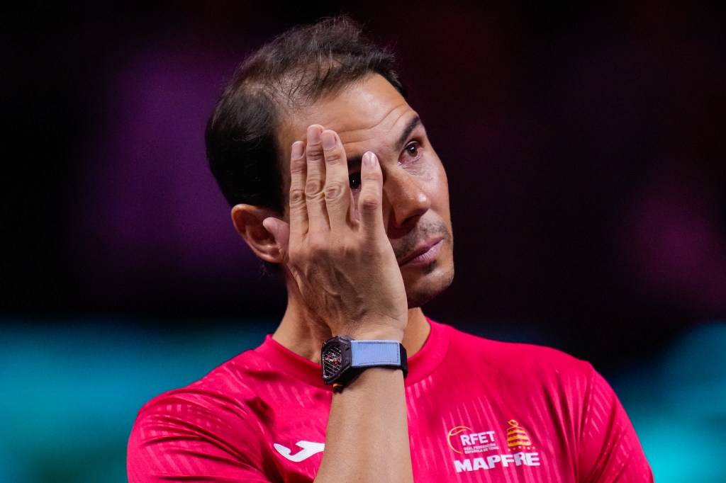 Spain's Rafael Nadal during a tribute after playing his last match as a professional tennis player in the Davis Cup quarterfinals at the Martin Carpena Sports Hall in Malaga, southern Spain, on early Wednesday, Nov. 20, 2024. 