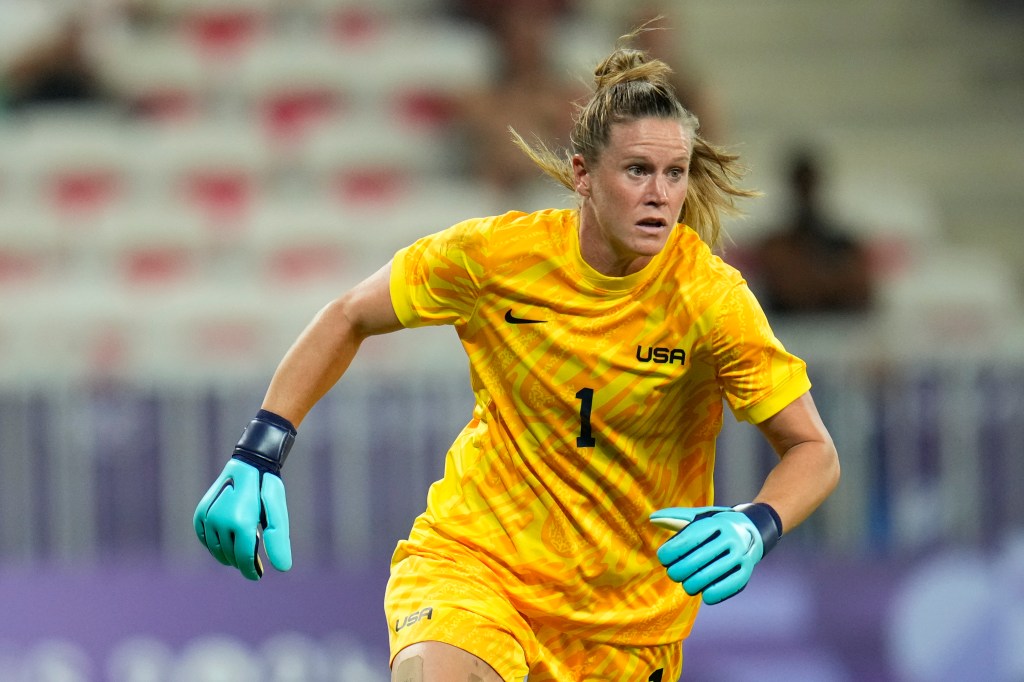 United States goalkeeper Alyssa Naeher defends her net during a women's group B match between the United States and Zambia at Nice Stadium at the 2024 Summer Olympics, Thursday, July 25, 2024, in Nice, France.