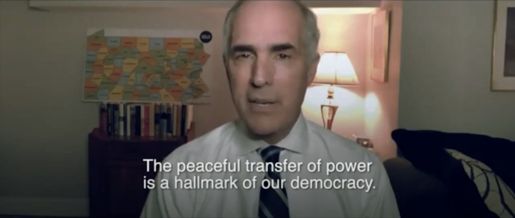 Bob Casey screenshot from 2020 video, "The peaceful transfer of power is a hallmark of our democracy."