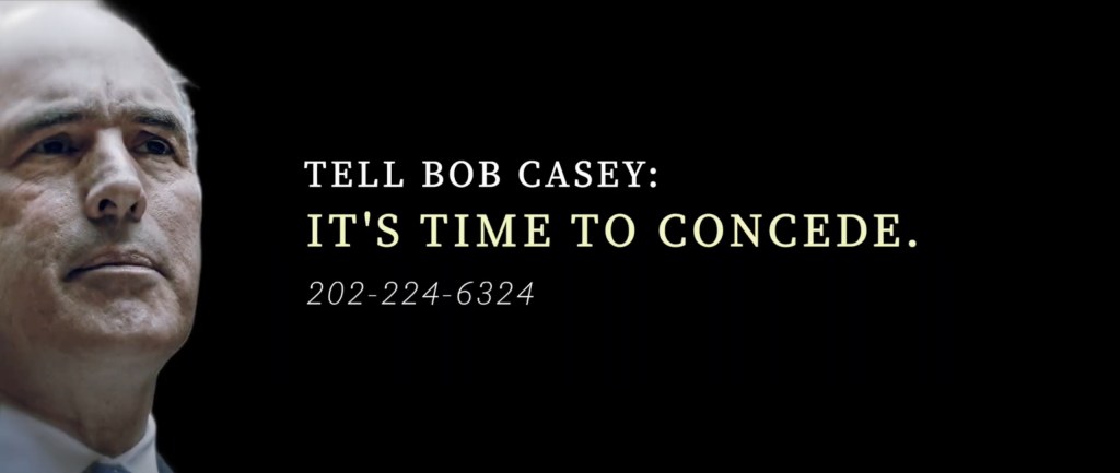 The ad screenshot says "Tell Bob Casey: It's Time to Concede. 2022246324."