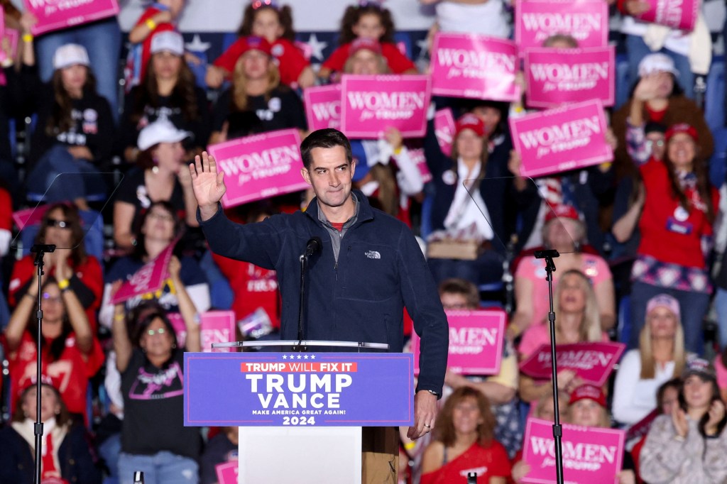 Senator Tom Cotton (R-AR) attends a campaign rally for Republican presidential nominee former U.S. President Donald Trump at Santander Arena in Reading, Pennsylvania, U.S., November 4, 2024.