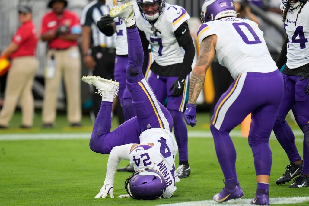 Vikings safety Cam Bynum mimics Raygun with a celebration against the Jaguars on Nov. 10, 2024.