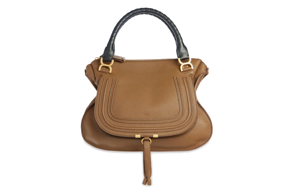 A brown handbag with a black handle