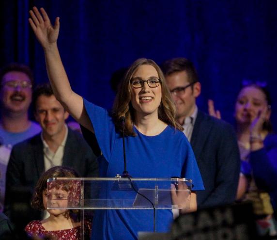 Congresswoman-elect Sarah McBride delivers her victory speech to a room full of supporters at the Chase Center on the Riverfront on Nov. 5, 2024.