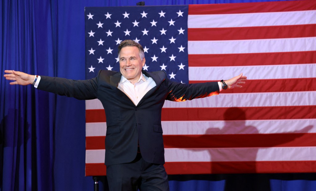 Dave McCormick expressing an emotion at his Senate campaign watch party in downtown Pittsburgh during the 2024 U.S. Election.