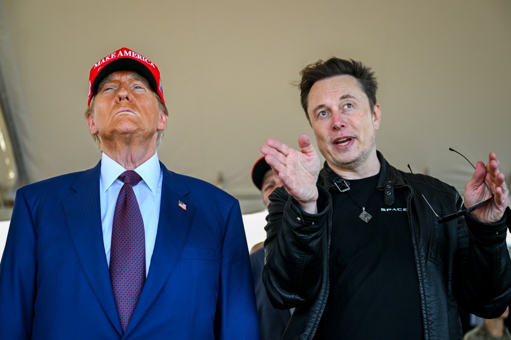 Elon Musk conversing with Donald Trump during the SpaceX Starship's sixth test flight launch in Brownsville, Texas