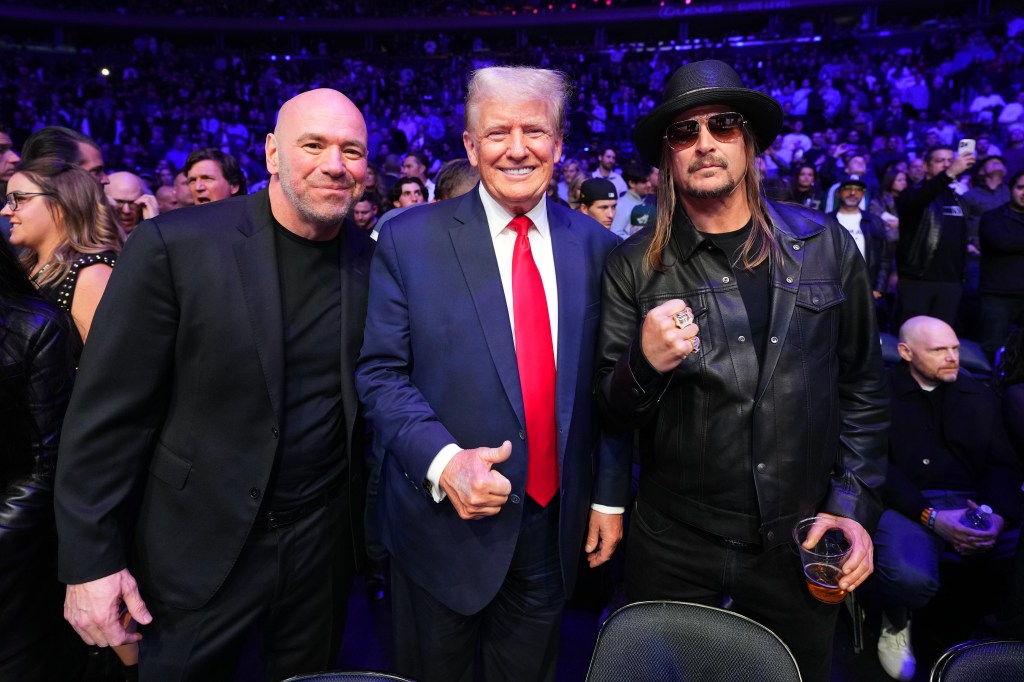 Former U.S. President Donald Trump, UFC president Dana White, and Kid Rock at UFC 295 event in Madison Square Garden.