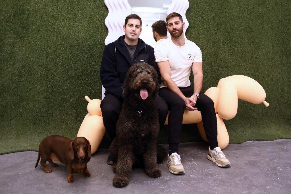 Founders of Happy Tails, Teddy Tawil and Irving Fallas sit with their dogs at Happy Tails location in Tribeca