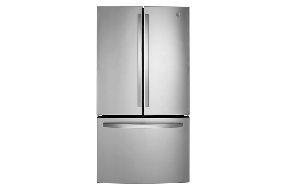 A silver refrigerator with a handle