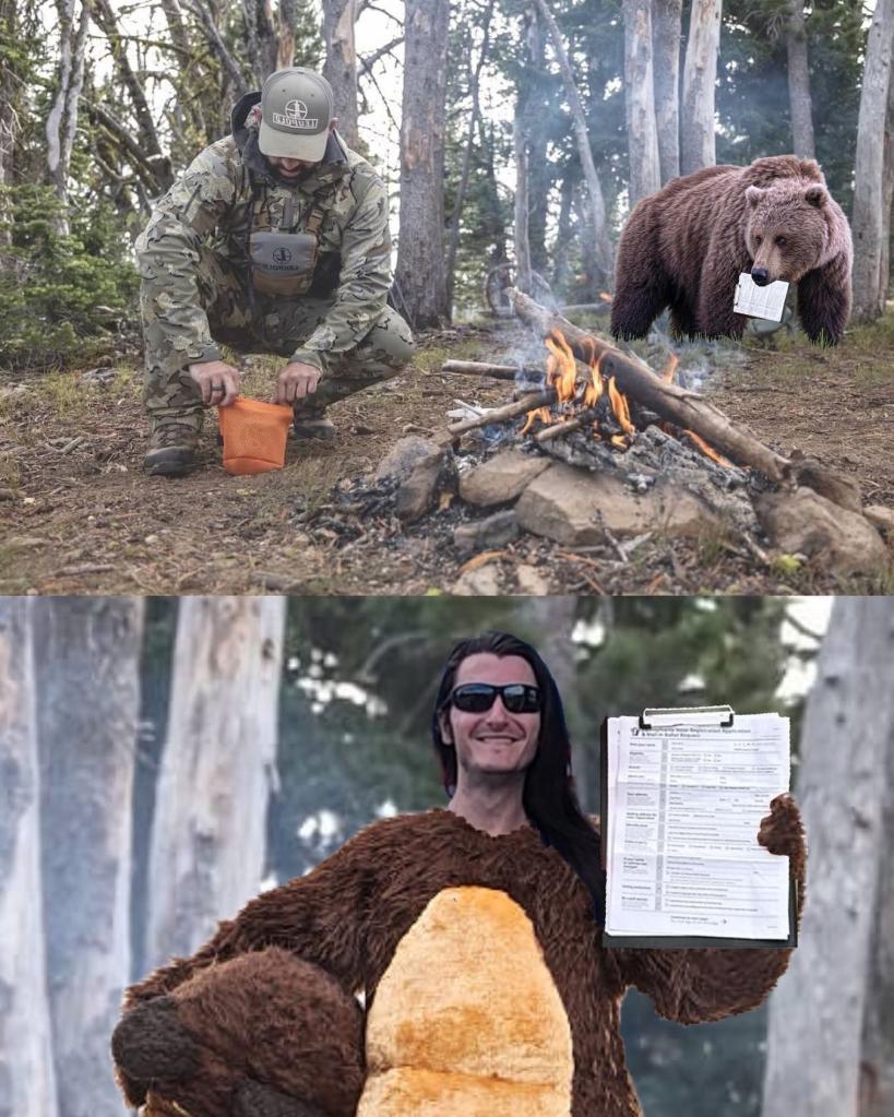 AI-generated photos of Scott Presler in a bear suit creeping up on a hunter