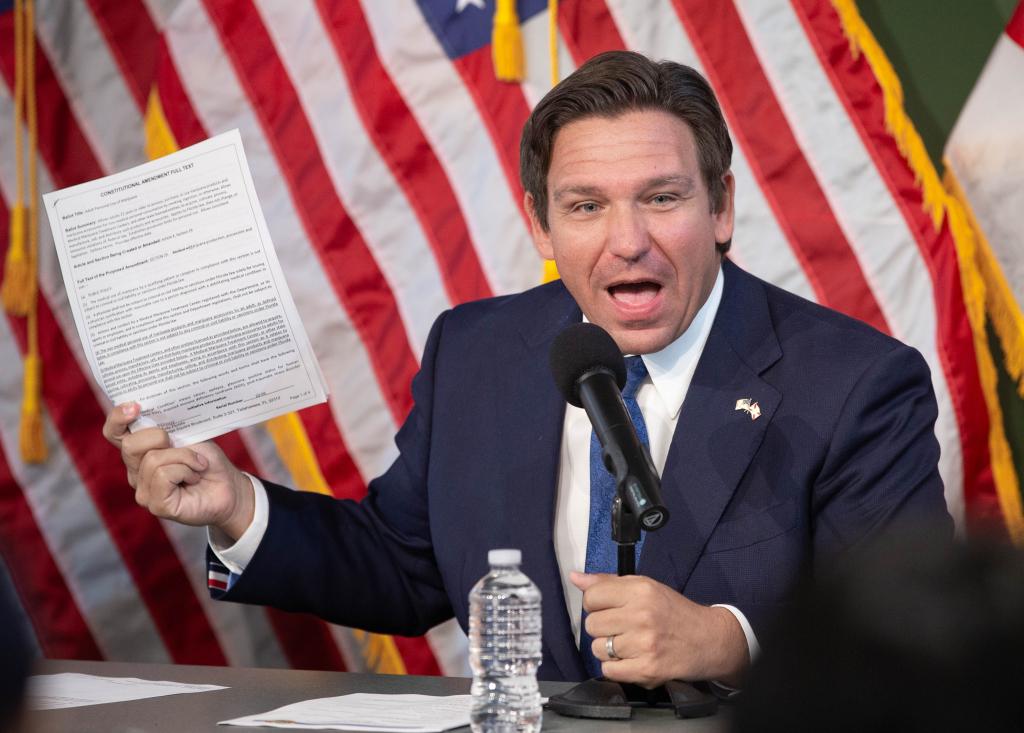 Gov. Ron DeSantis campaigns against Amendment 3 during a press conference at the Escambia County Sheriff's Office in Pensacola on Friday, Oct. 25, 2024.