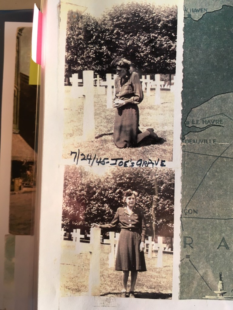 Lt. Luella Cochran visiting the grave of her brother, PFC Joseph Lorenz, in 1945.