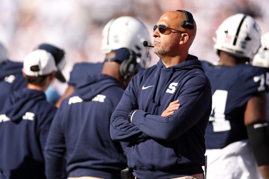 Head coach James Franklin of the Penn State Nittany Lions looks on during the second quarter against the Ohio State Buckeyes at Beaver Stadium on November 02, 2024.