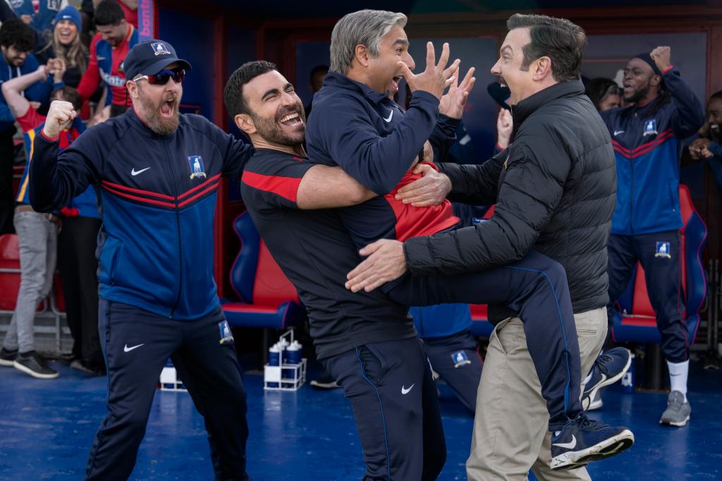 Brendan Hunt, Brett Goldstein, Nick Mohammed and Jason Sudeikis in a scene from the season three finale of "Ted Lasso."