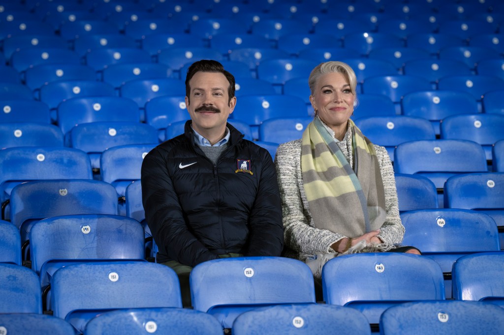 Jason Sudeikis, left, and Hannah Waddingham in a scene from the season three finale of "Ted Lasso." 