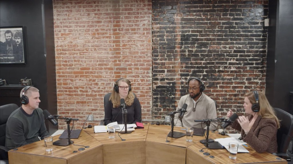 The image above shows a recent podcast episode of "Pod Save America" featuring, from left to right: Dan Pfeiffer, Jen O'Malley Dillon, Quentin Fulks and Stephanie Cutter.