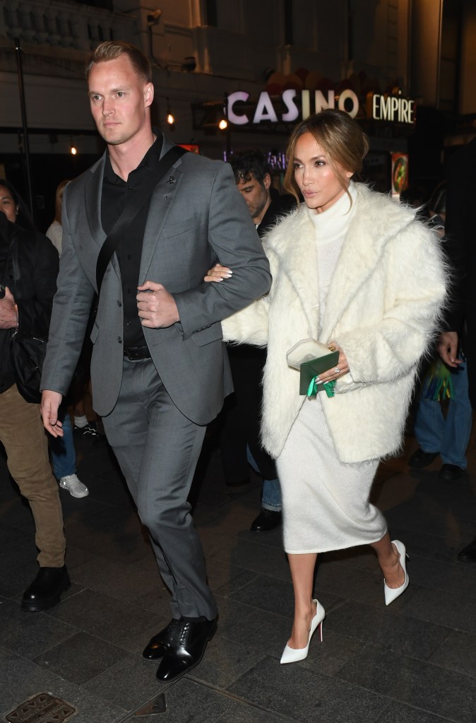 Jennifer Lopez aka JLo seen leaving a private screening for her new movie "Unstoppable" in London accompanied by a security guard on Nov. 5, 2024.