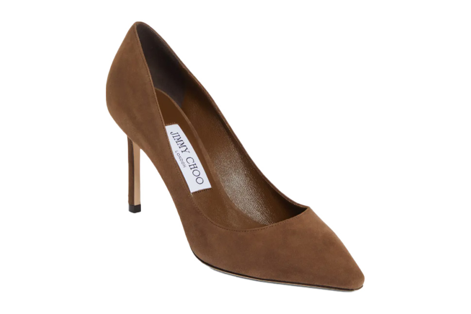 A brown high heeled Jimmy Choo shoe