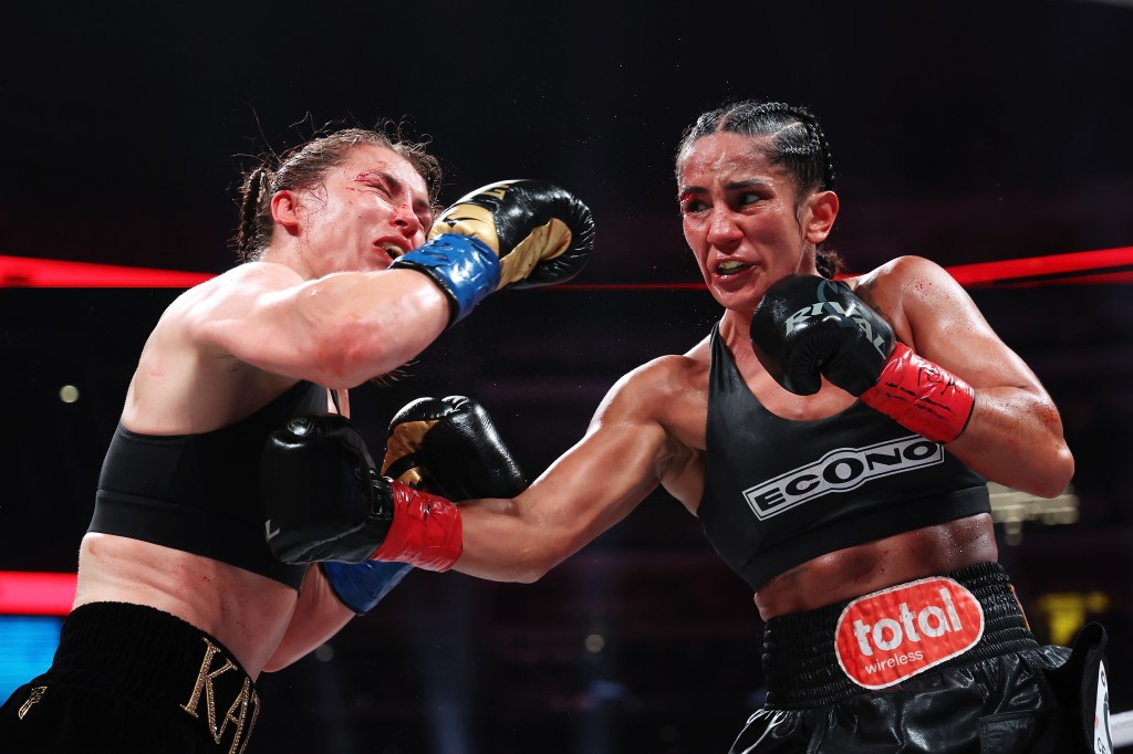 Katie Taylor and Amanda Serrano fight during LIVE On Netflix: Jake Paul vs. Mike Tyson at AT&T Stadium