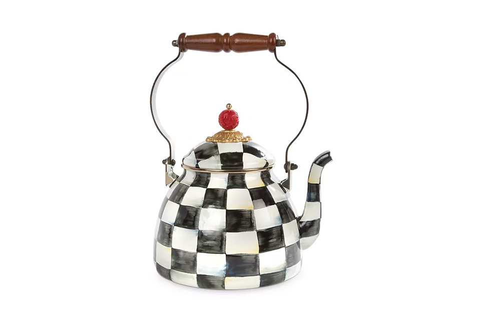 A black and white tea kettle