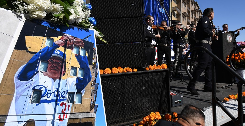 Mariachis perform at the new mural pieces to honor the Mexican Dodgers' legend Fernando Valenzuela Sunday, Boyle Heights CA/USA. Nov 3, 2024.