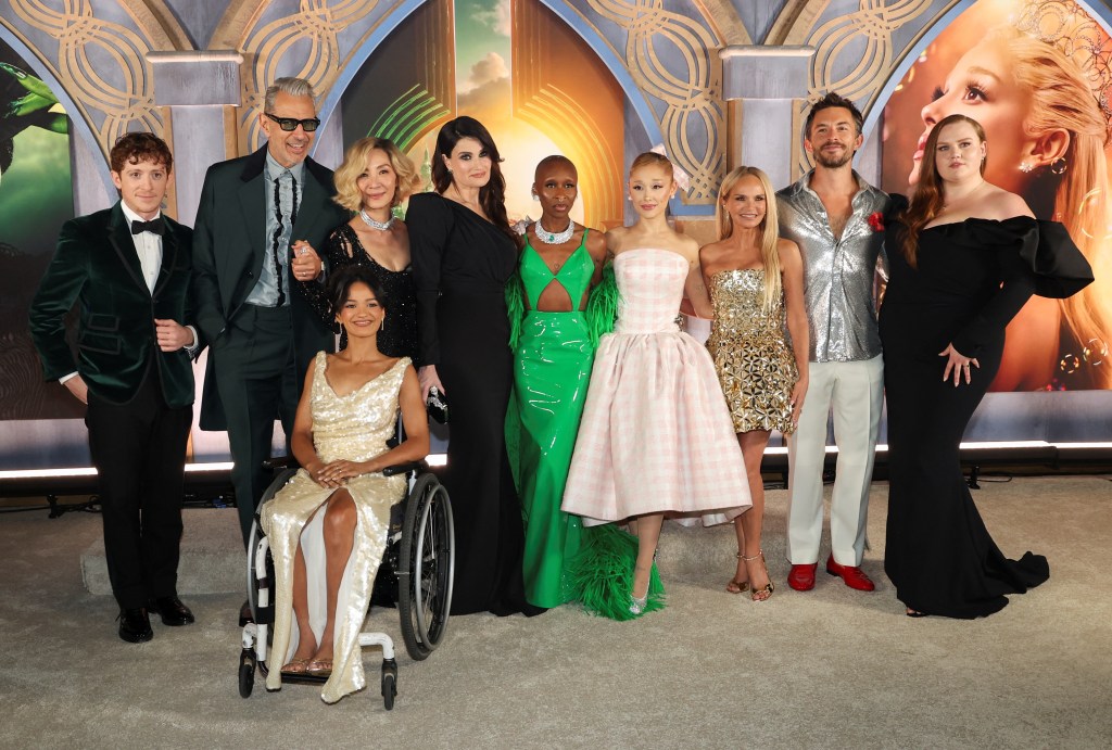 Michelle Yeoh, Ethan Slater, Ariana Grande, Cynthia Erivo, Jonathan Bailey, Jeff Goldblum, Idina Menzel, Kristin Chenoweth, Marissa Bode and Bronwyn James attend a premiere for the film "Wicked" at Dorothy Chandler Pavilion in Los Angeles, California