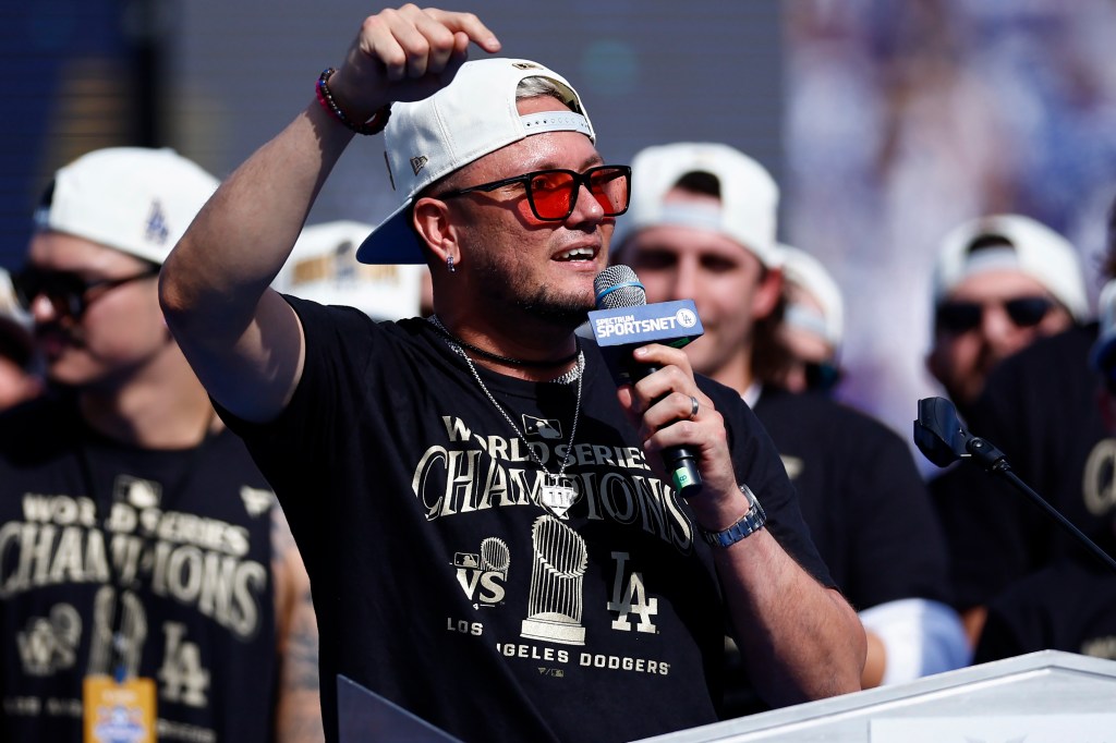 Miguel Rojas of the Los Angeles Dodgers speaks during the 2024 World Series Celebration at Dodger Stadium.