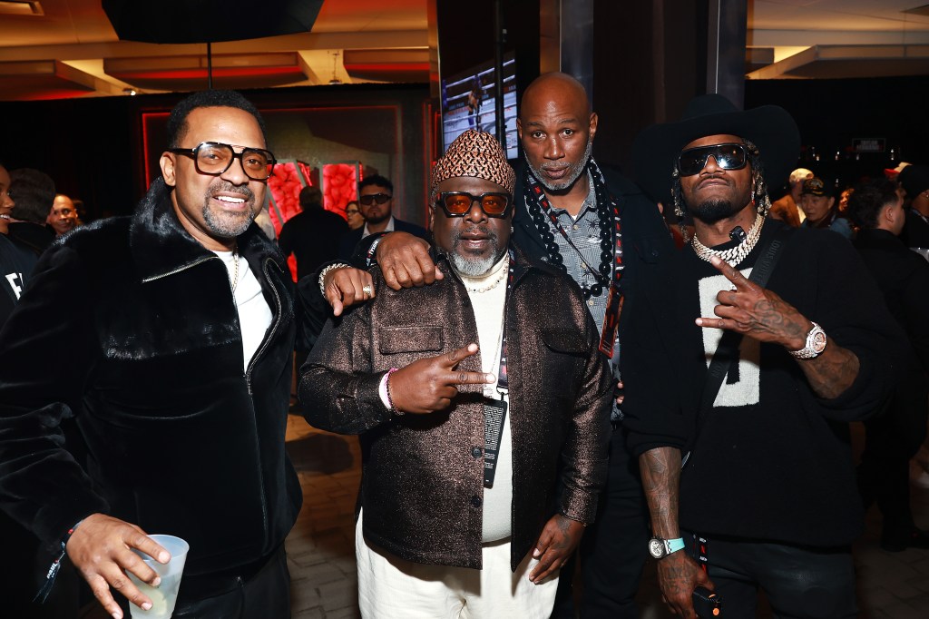 (L-R) Mike Epps, Cedric the Entertainer, Lennox Lewis and Adam "Pac Man" Jones attend Netflix: Jake Paul vs. Mike Tyson at AT&T Stadium on November 15, 2024