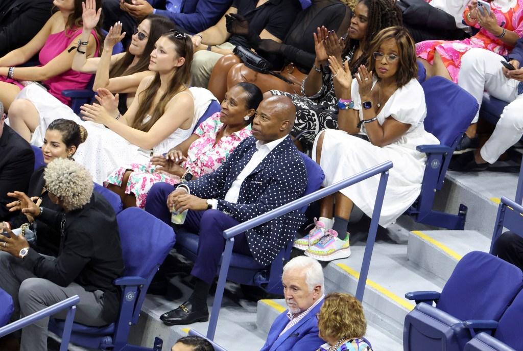 Mayor Eric Adams and his girlfriend Tracey Collins, above Gayle King attend the victory of Serena Williams of USA on Day 1 of the US Open 2022, 4th Grand Slam of the season, at the USTA Billie Jean King National Tennis Center on August 29, 2022 in Queens, New York City.