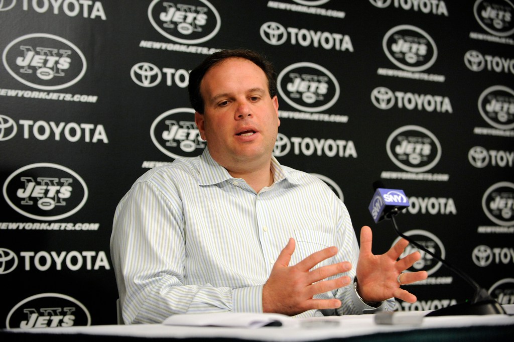 New York Jets General Manager Mike Tannenbaum speaking at a press conference in 2010 at Atlantic Health Jets Training Center