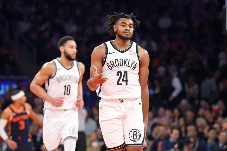 Brooklyn Nets guard Cam Thomas reacting after scoring a three-point shot during a game against the New York Knicks at Madison Square Garden