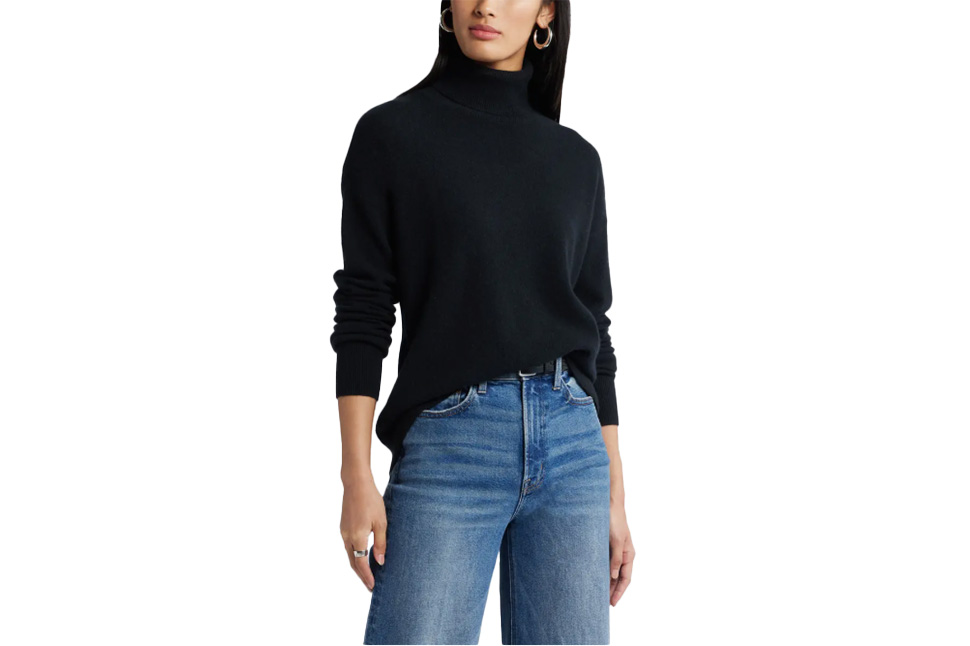 Melina Soochan wearing a black cashmere sweater from Nordstrom