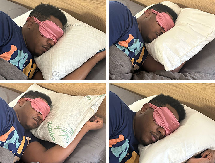 man sleeping in four different pictures on four different pillows 