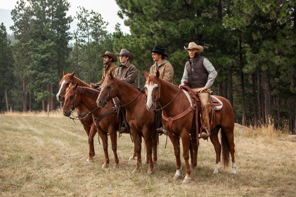 Lee Dutton (Dave Annable), Jamie Dutton (Wes Bentley), Kayce Dutton (Luke Grimes) and patriarch John Dutton (Kevin Costner) in "Yellowstone." 