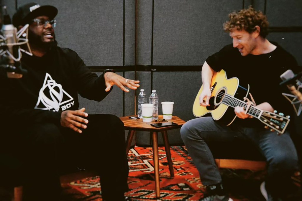 T-Pain and Mark Zuckerberg making music together in a studio