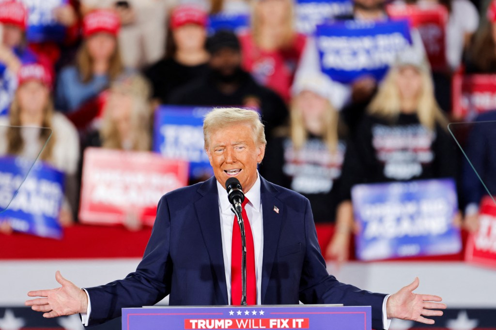 Trump speaks during a campaign event at the Dorton Arena in Raleigh, NC.
