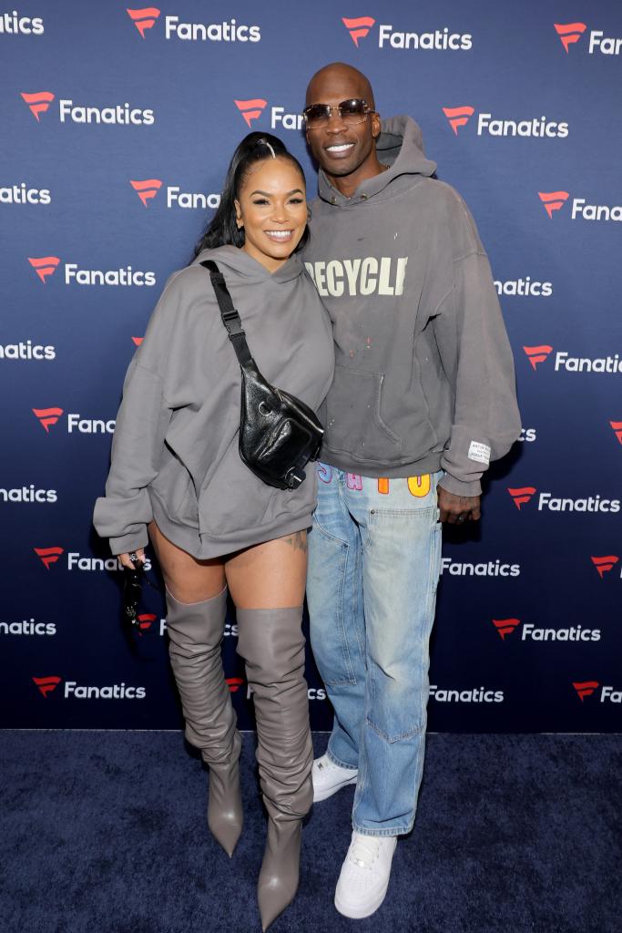 Sharelle Rosado and Chad 'Ochocinco' Johnson attend Michael Rubin's Fanatics Super Bowl party at the Marquee Nightclub at The Cosmopolitan of Las Vegas on February 10, 2024 in Las Vegas, Nevada.   