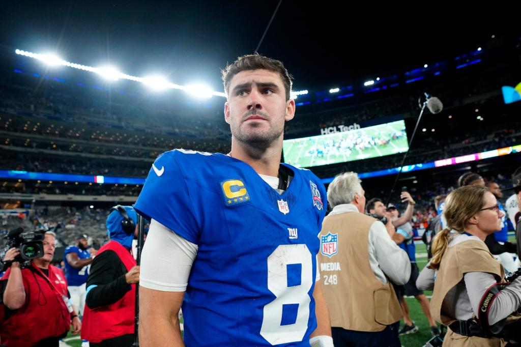 New York Giants quarterback Daniel Jones (8) is shown after Big Blue lost 17-7 against the Cincinnati Bengals, Sunday, October 13, 2024, in East Rutherford.