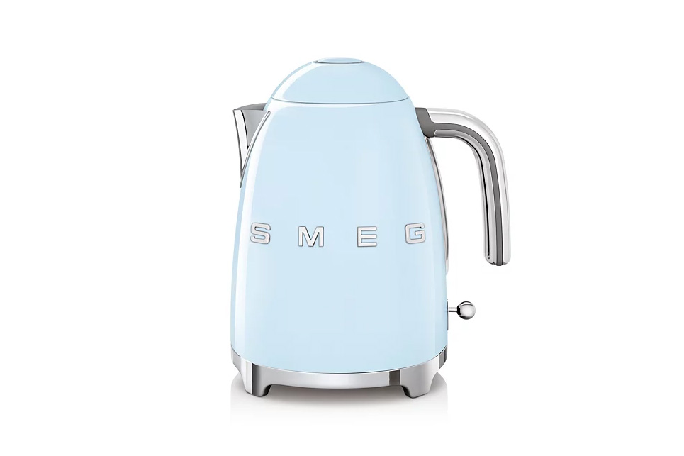 A blue and silver electric kettle