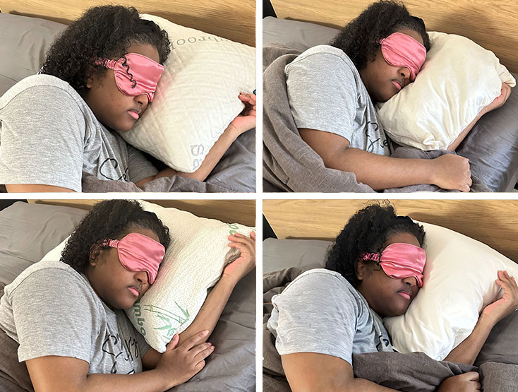 four pictures of one person sleeping with a face mask on